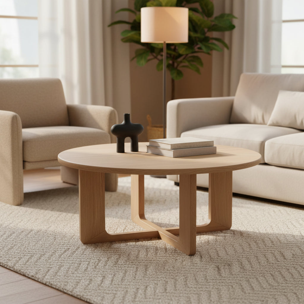 White Oak Round Coffee Table with Angled Base