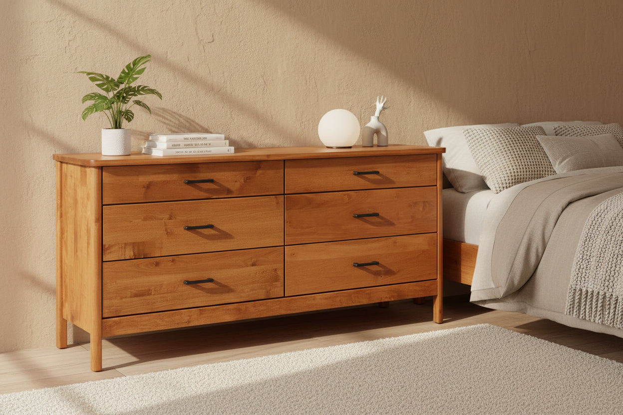 Honey Maple Wood 6-Drawer Dresser with Curved Edges
