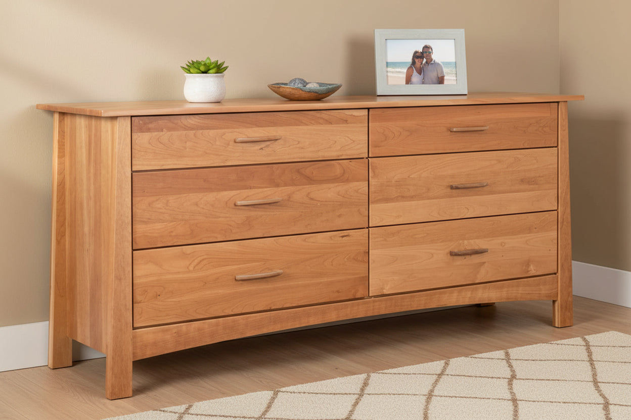 Natural Cherry Wood 6-Drawer Dresser with Walnut Handles