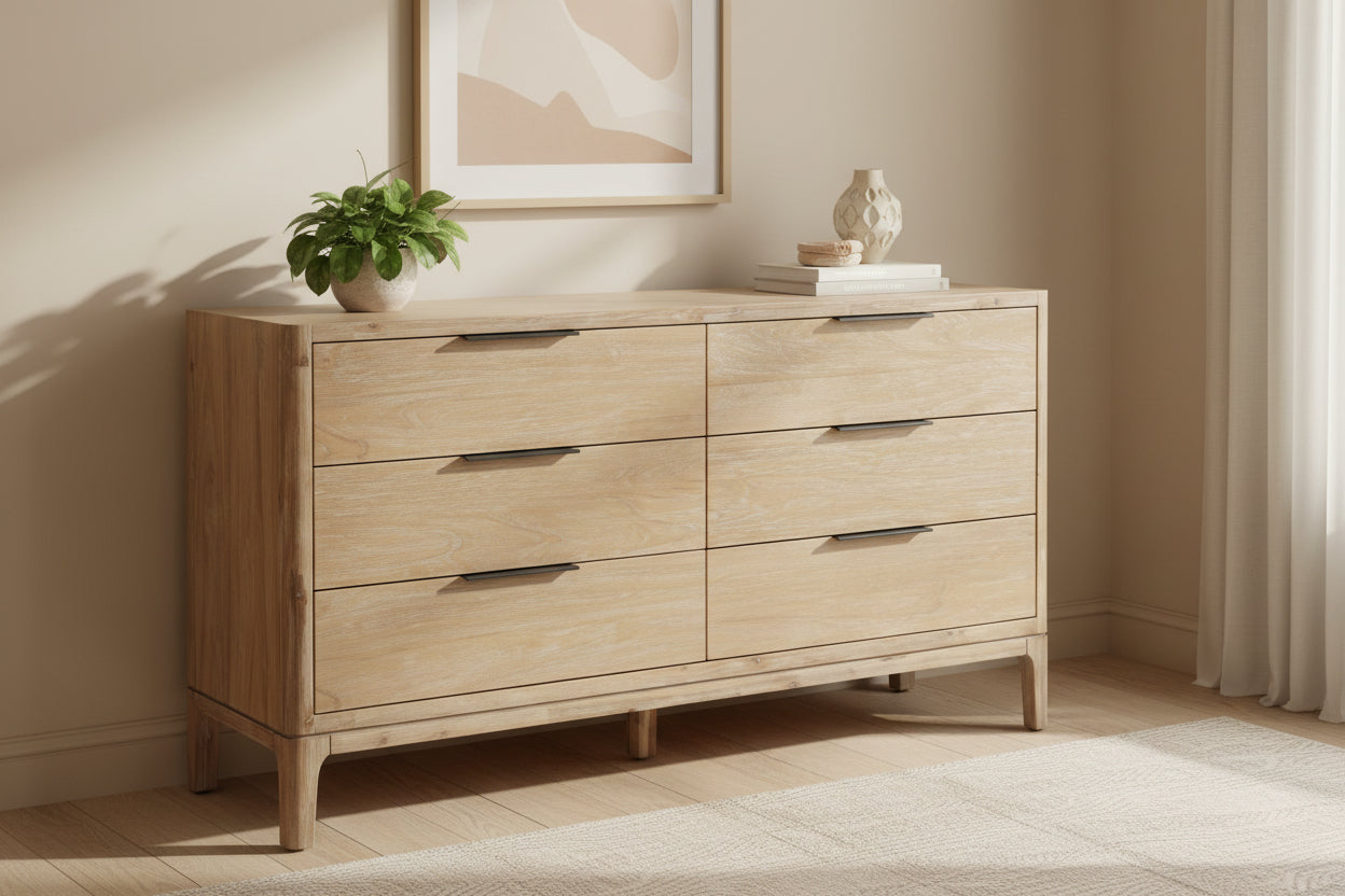 Light Gray 6-Drawer Double Dresser with Metal Handles
