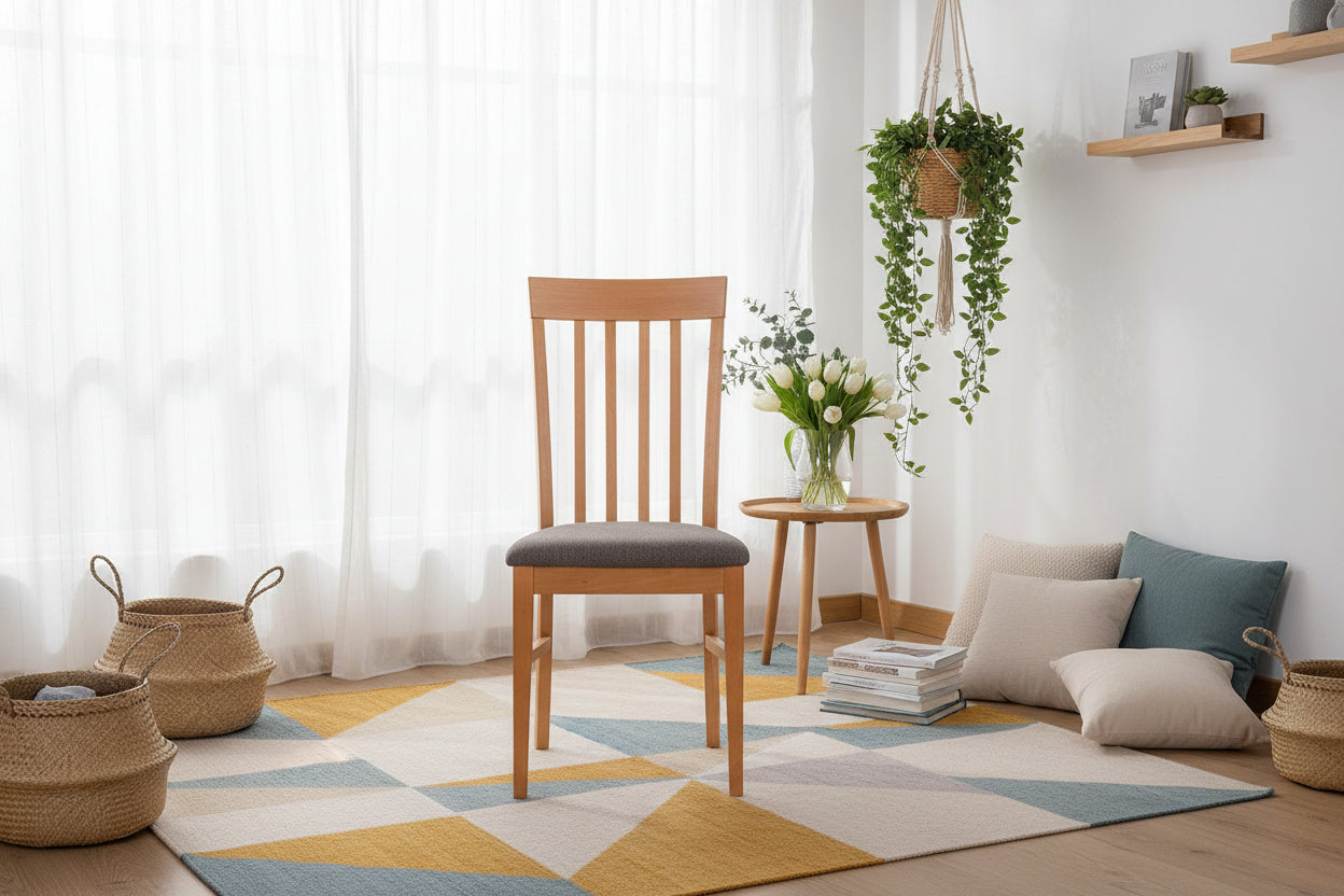 Beige Upholstered Dining Chair with Slatted Wood Back