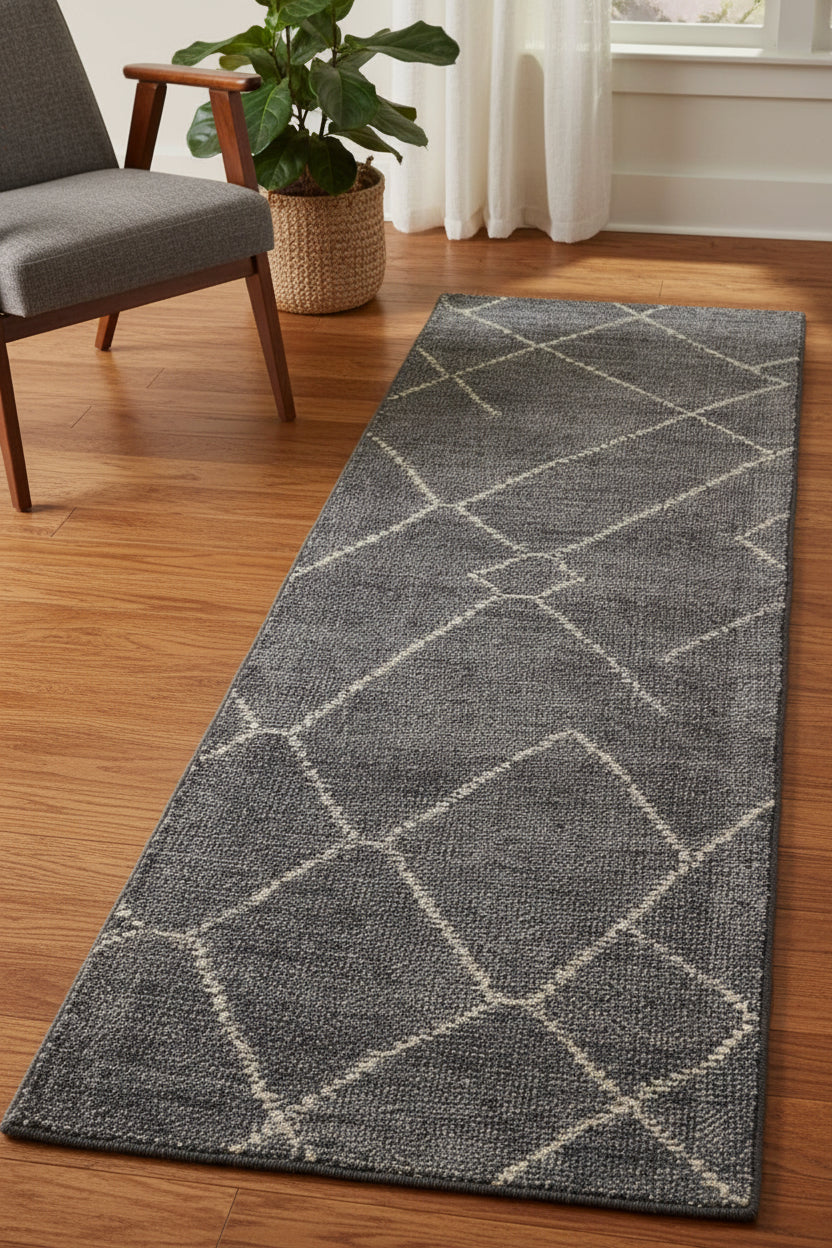 Blue Steel Geometric Pattern Runner Rug - Viscose Cotton Blend