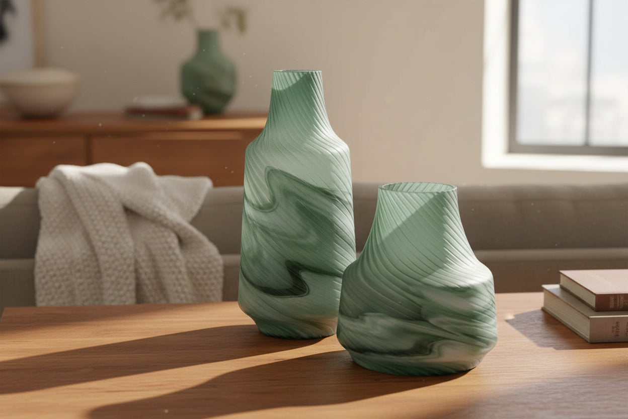 Teal Green Glass Vase with Swirl Texture