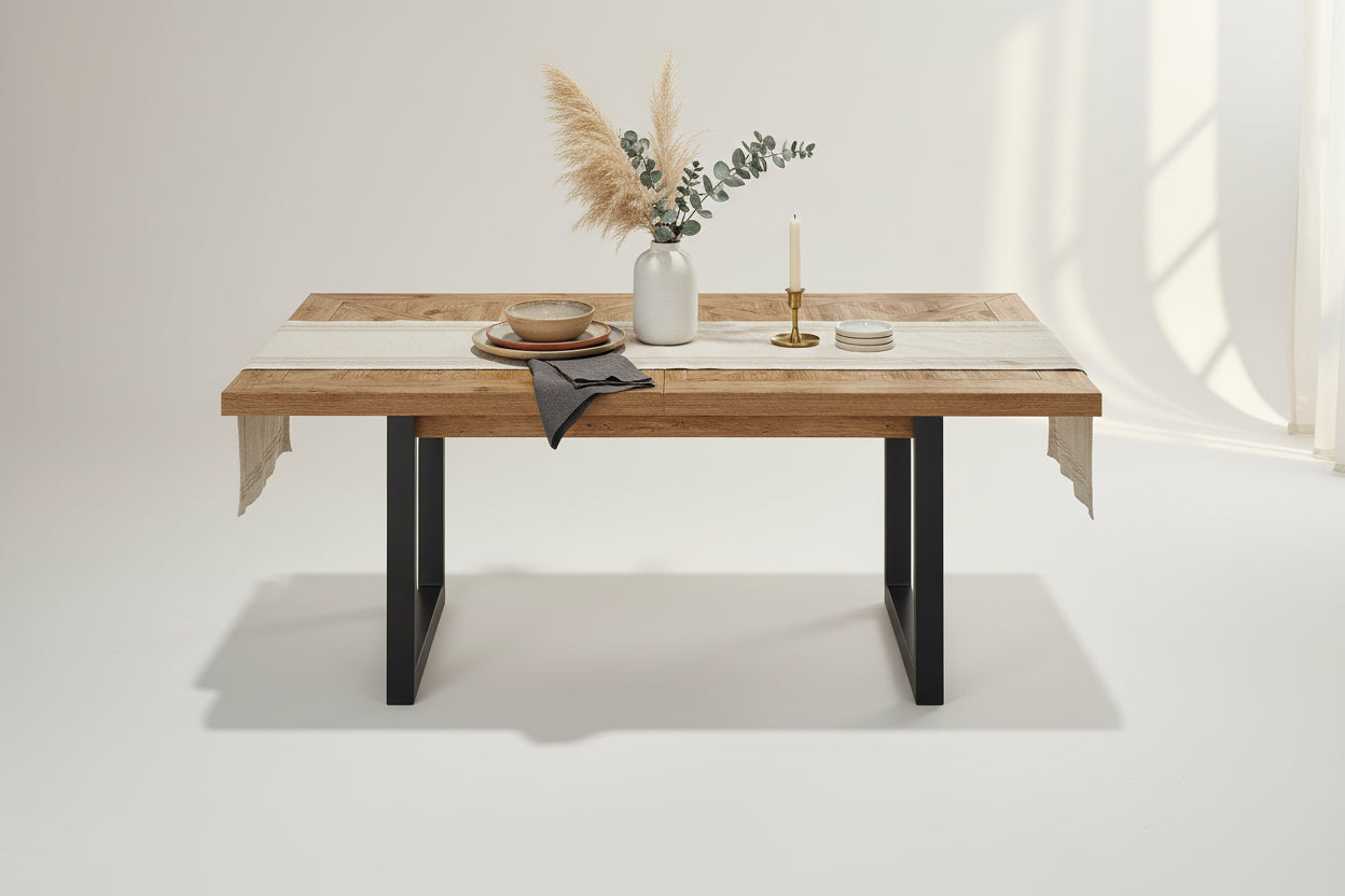 Wood Extension Dining Table with Parquet Top and Metal Legs