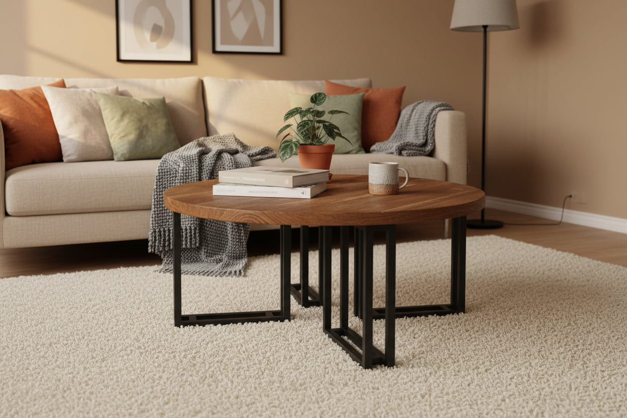 Acacia Wood Round Coffee Table with Black Steel Base