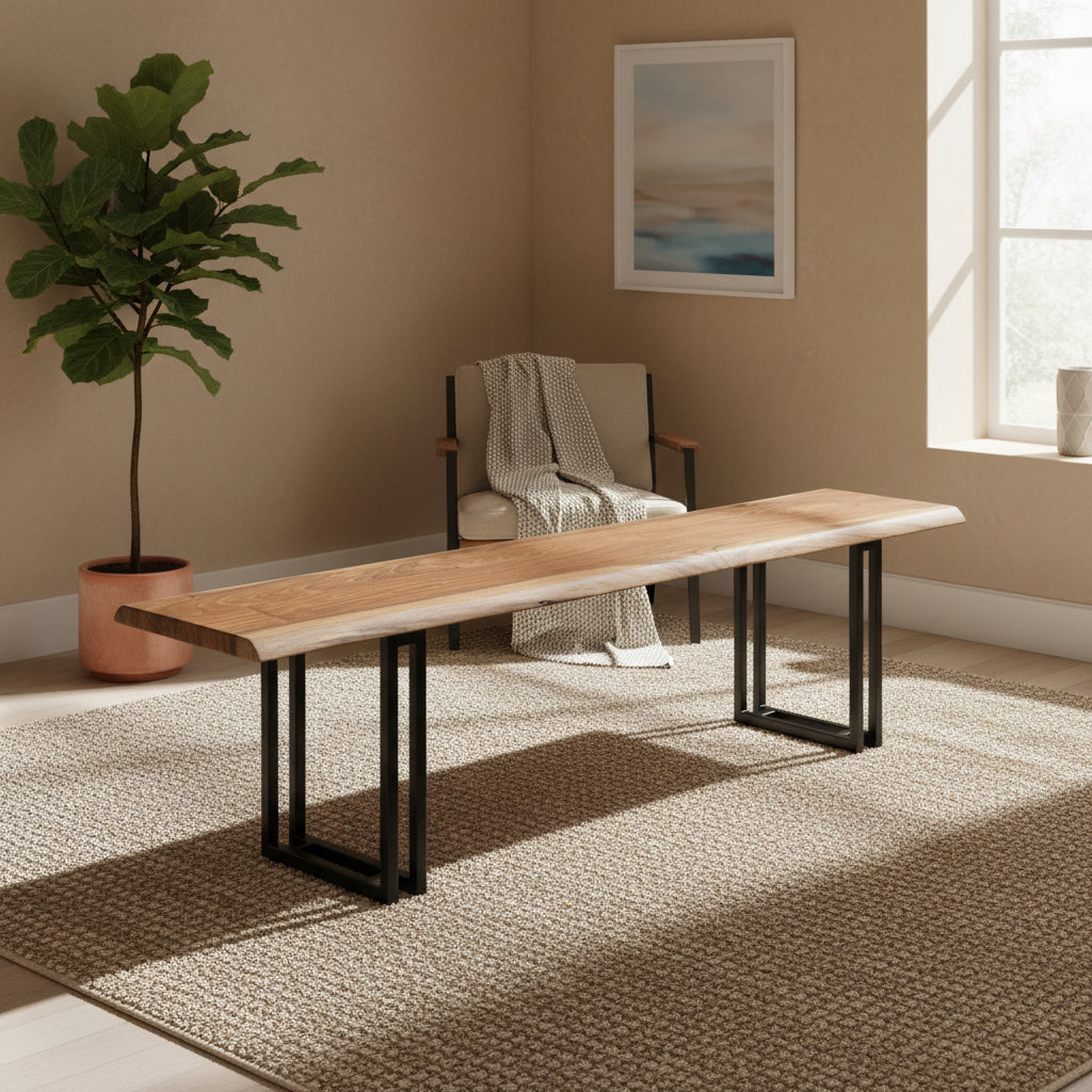 Acacia Wood Dining Bench with Live Edge and Steel Base