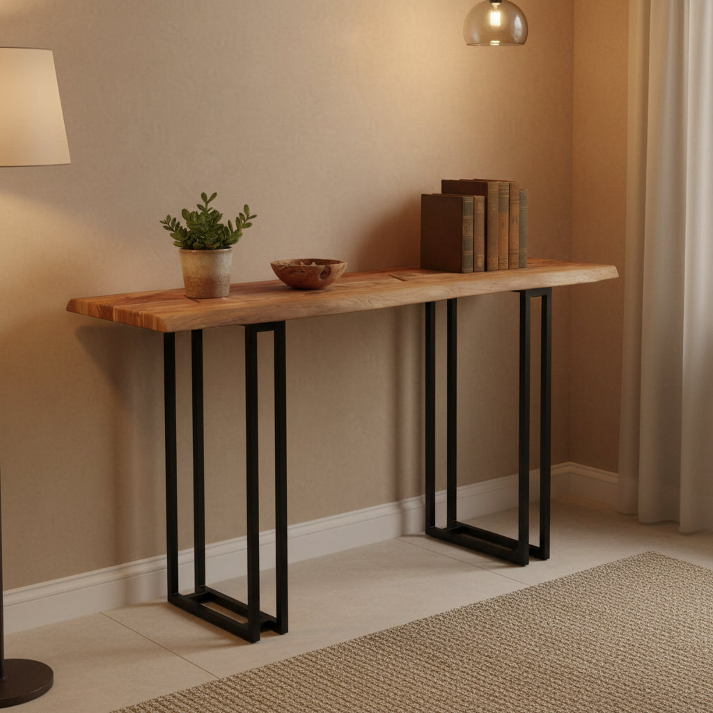 Acacia Wood Console Table with Live Edge and Steel Base