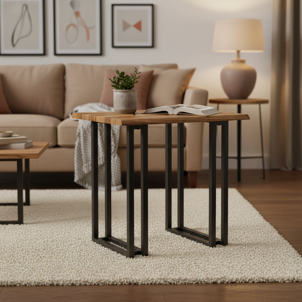 Acacia Wood End Table with Live Edge and Steel Base