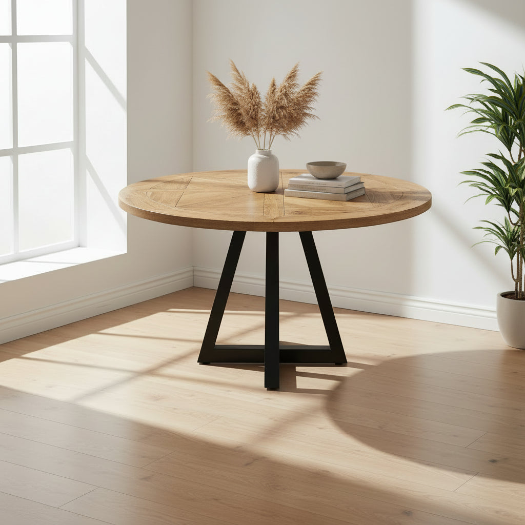 Wood Round Dining Table with Parquet Top and Metal Legs