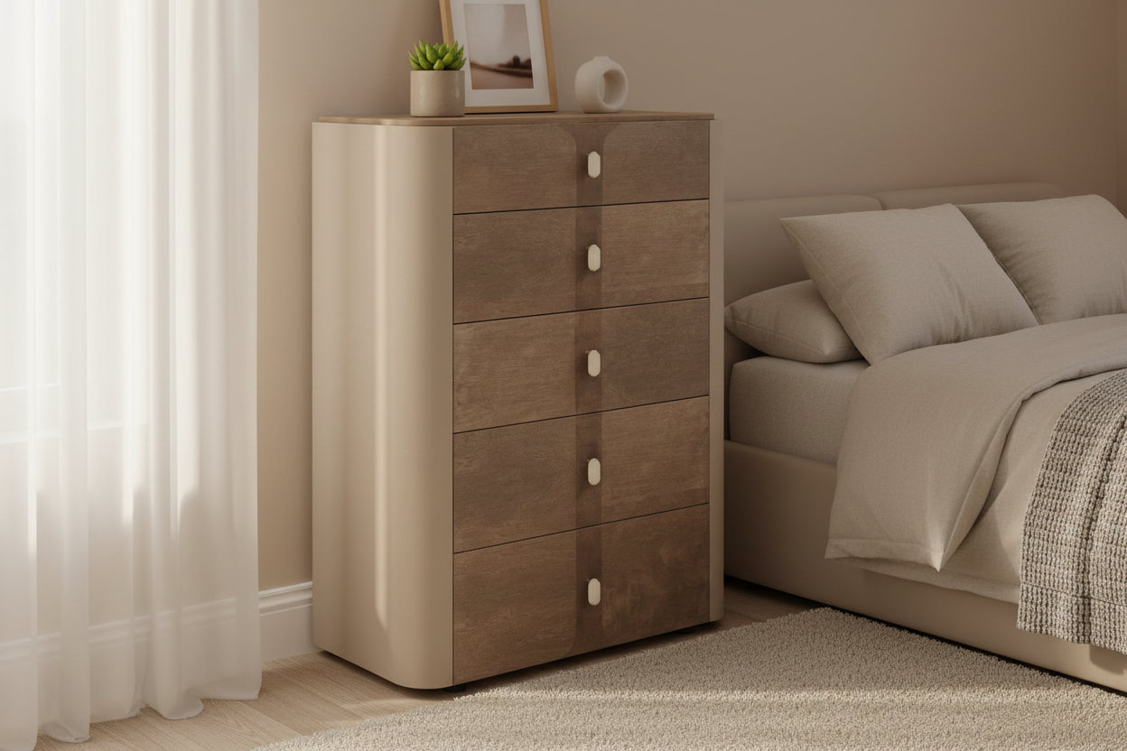 Warm Brown 5-Drawer High Chest with Inlay Details