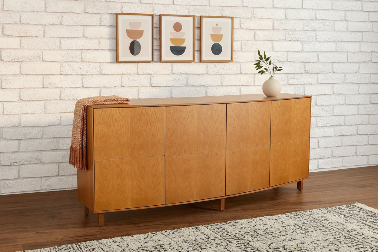 Wood Veneer Sideboard with Curved Design and Soft-Close Drawers